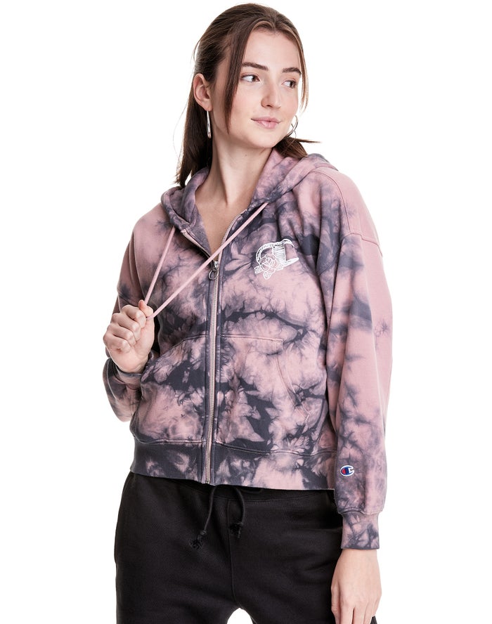 Sudadera Con Capucha Champion Mujer - Galaxy Dye Full Zip Boxy C Flower Logo ( Beige/Negras ) 437120